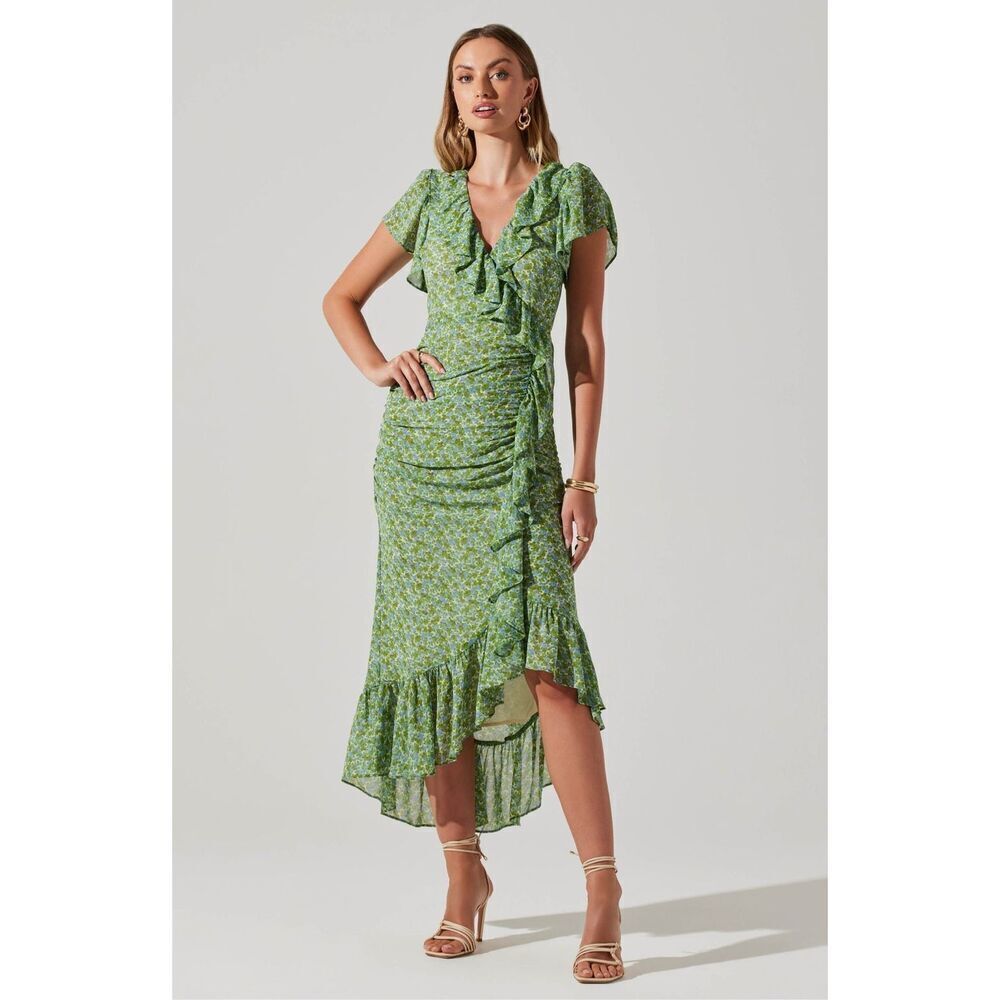 Astr the Label Women's VILMA FLORAL PRINT MIDI DRESS GREEN size S